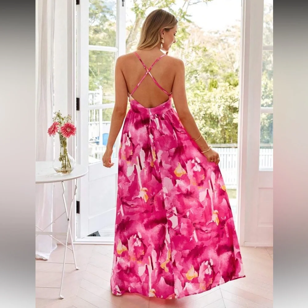 Elegant Pink Floral Maxi Dress